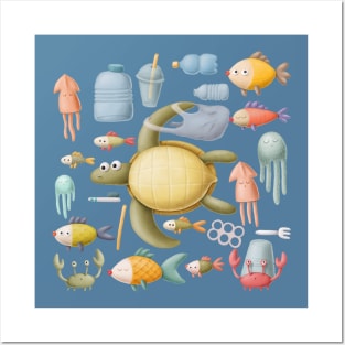 Plastic ocean with turtle and fishes. Posters and Art